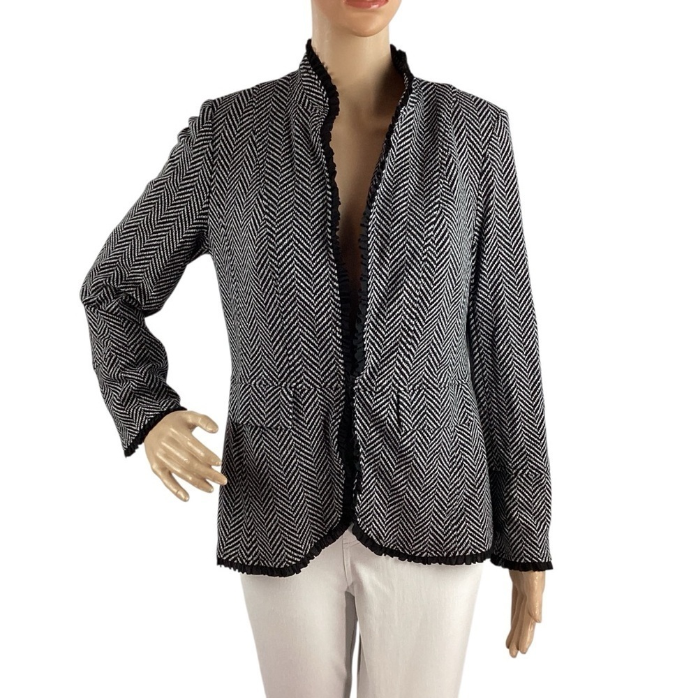 Chico’s Ruffle Trim Chevron Ponte Blazer Black White Size S
